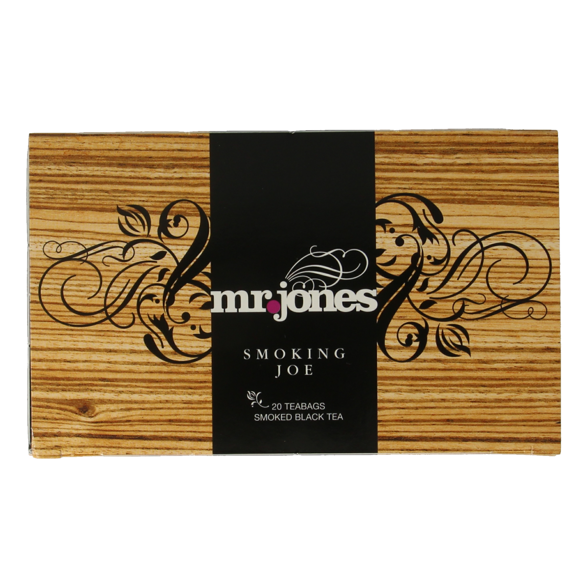 Mr. Jones Smoking Joe Lapsang Souchong tea bags in a pack of 20, featuring dark, smoky tea leaves perfect for brewing.