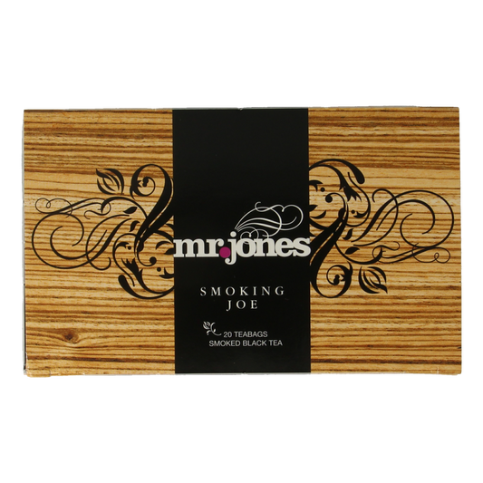 Mr. Jones Smoking Joe Lapsang Souchong tea bags in a pack of 20, featuring dark, smoky tea leaves perfect for brewing.
