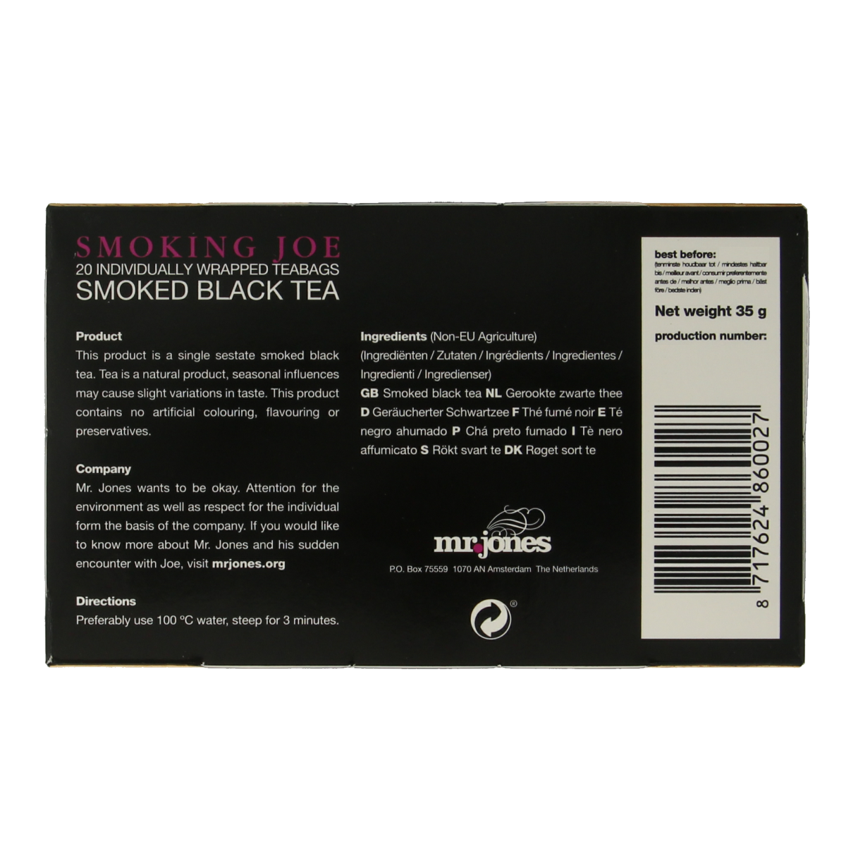 Mr. Jones Smoking Joe Lapsang Souchong tea bags, natural black tea with smoky flavor, in a pack of 20.