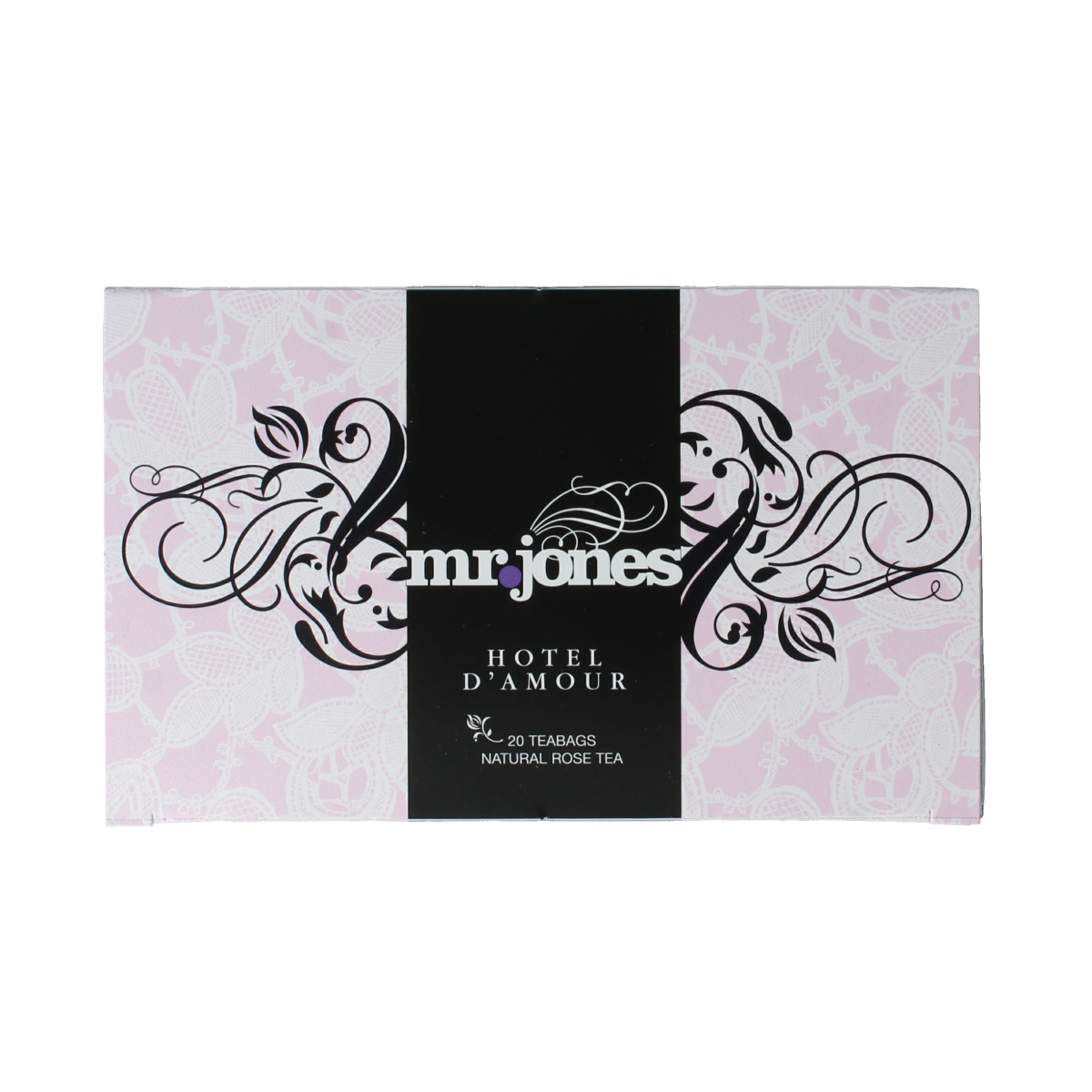 Mr. Jones Hotel d amour rose tea bio in 20 tea bags, natural herbal blend with rose flavor, for a soothing tea experience.