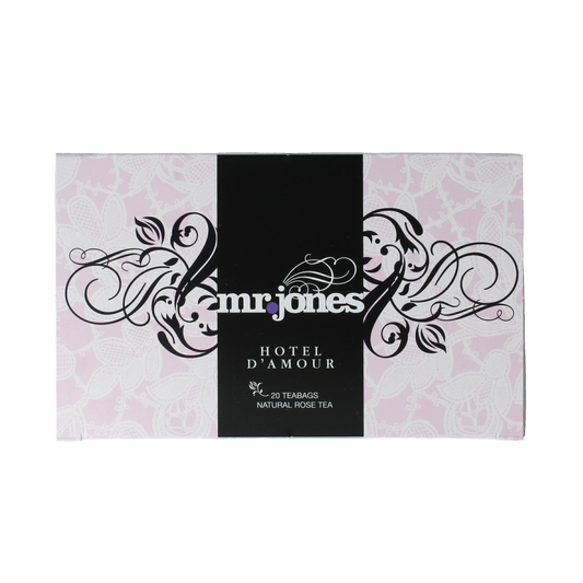 Mr. Jones Hotel d amour rose tea bio in 20 tea bags, natural herbal blend with rose flavor, for a soothing tea experience.