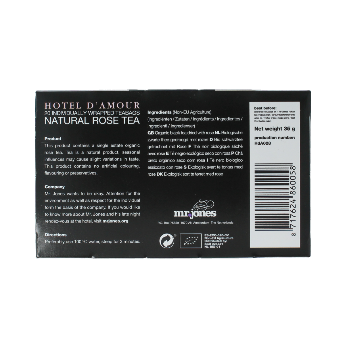 Mr. Jones Hotel d'amour rozen thee bio, organic rose tea in 20 tea bags, fresh and fragrant for a soothing tea experience.
