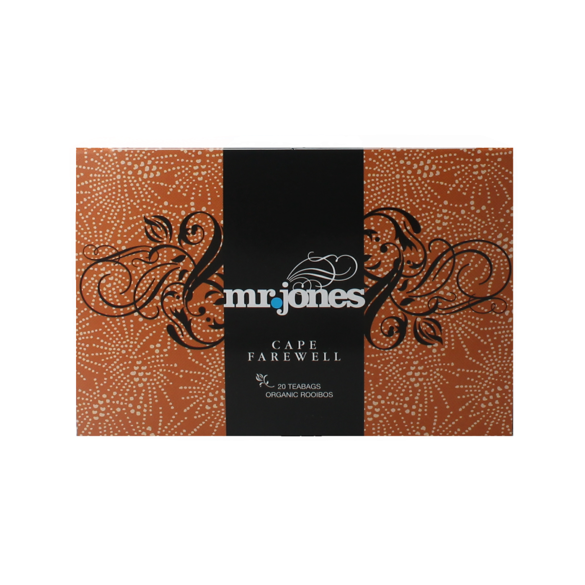 Mr. Jones Cape Farewell Rooibos Bio tea in a box with 20 tea bags, featuring natural rooibos leaves and herbal blend packaging.