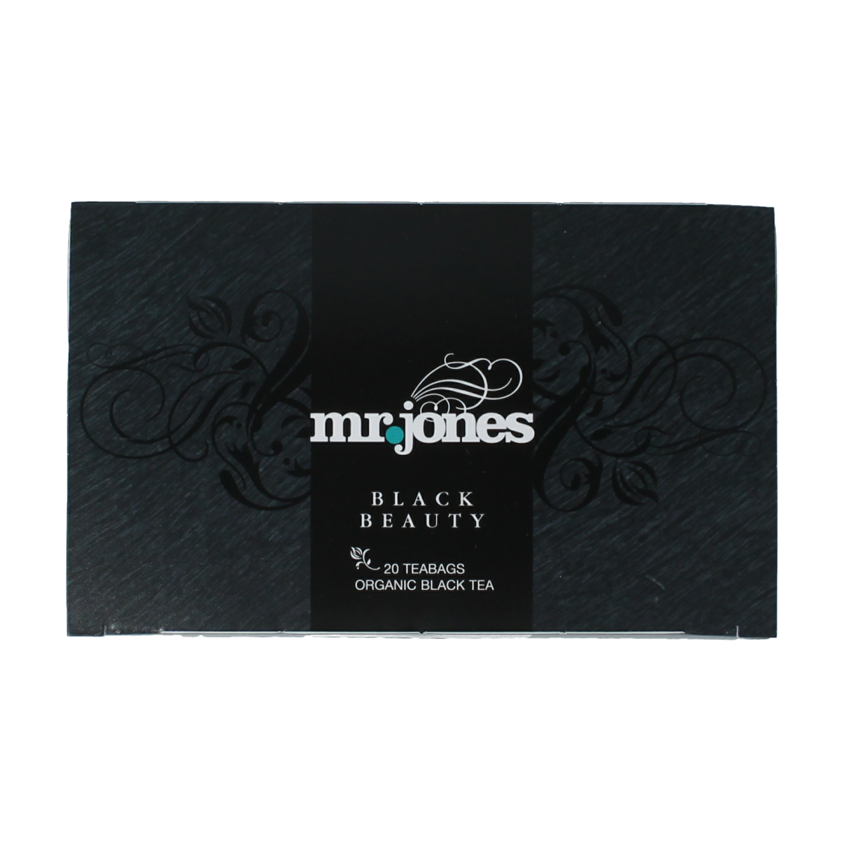 Pack of Mr. Jones Black Beauty Zwarte Thee bio tea bags in a 20-count, featuring black tea leaves in a resealable package.
