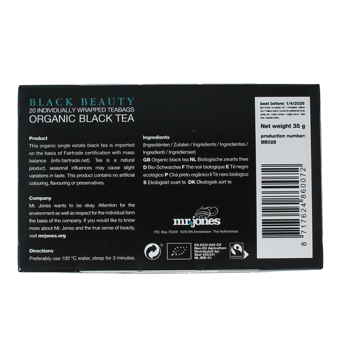 Mr. Jones Black Beauty Zwarte Thee bio, 20 tea bags in a pack, natural herbal tea with rich flavor, in a resealable package.