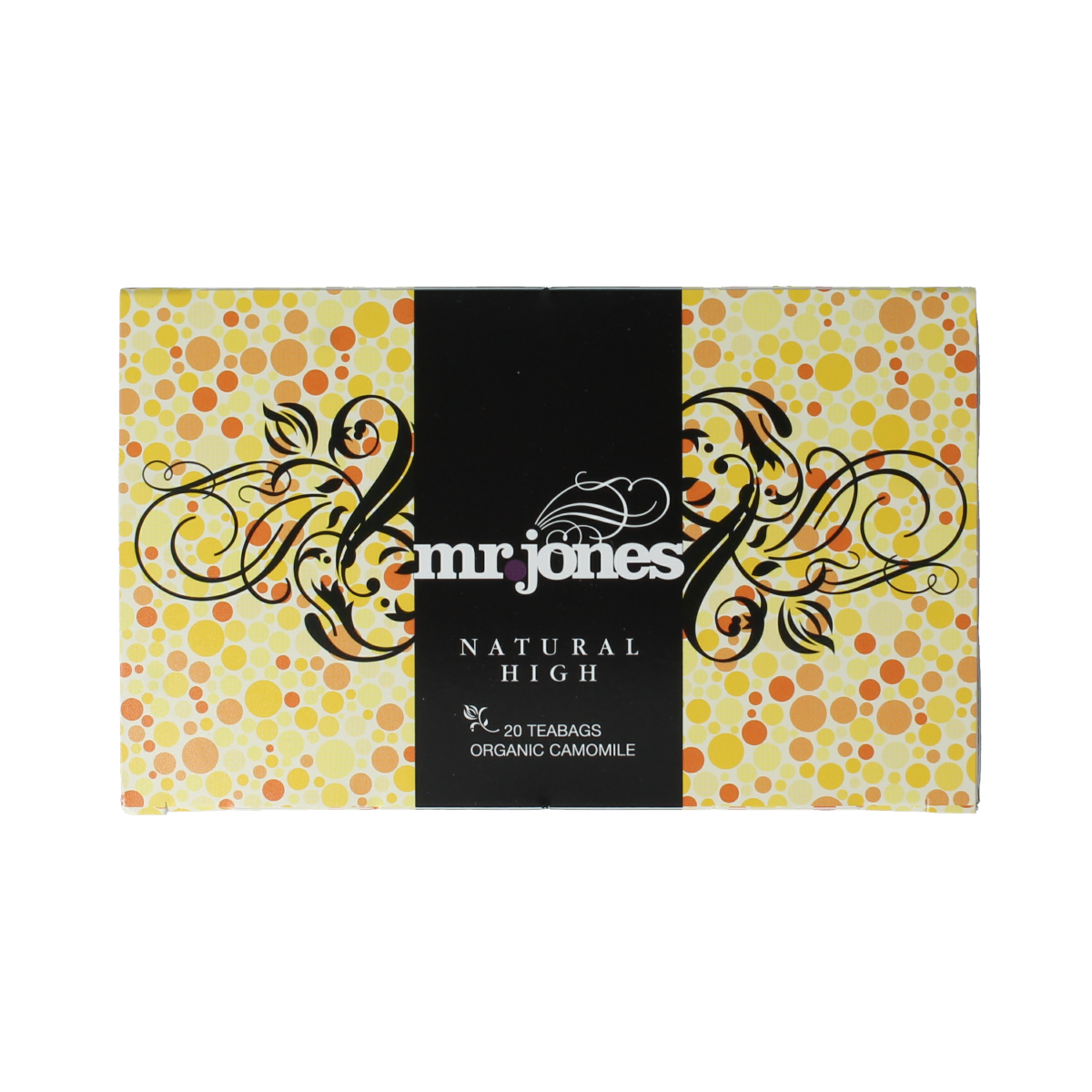 Mr. Jones Natural High Kamille Bio tea bags, 20-count, with a box showing chamomile flowers and tea packaging.