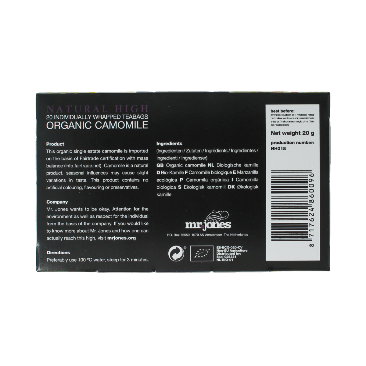 Organic Mr. Jones high kamille bio tea in 20 tea bags, natural herbal infusion with chamomile flowers.