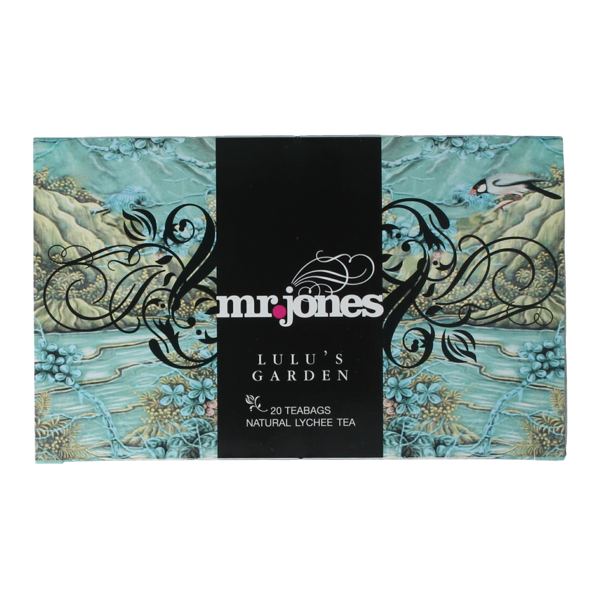Mr. Jones Lulu's Garden Lychee Tea in 20 tea bags, showcasing the packaging of the coffee and tea product.