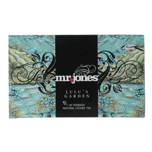 Mr. Jones Lulu's Garden Lychee Tea in 20 tea bags, showcasing the packaging of the coffee and tea product.