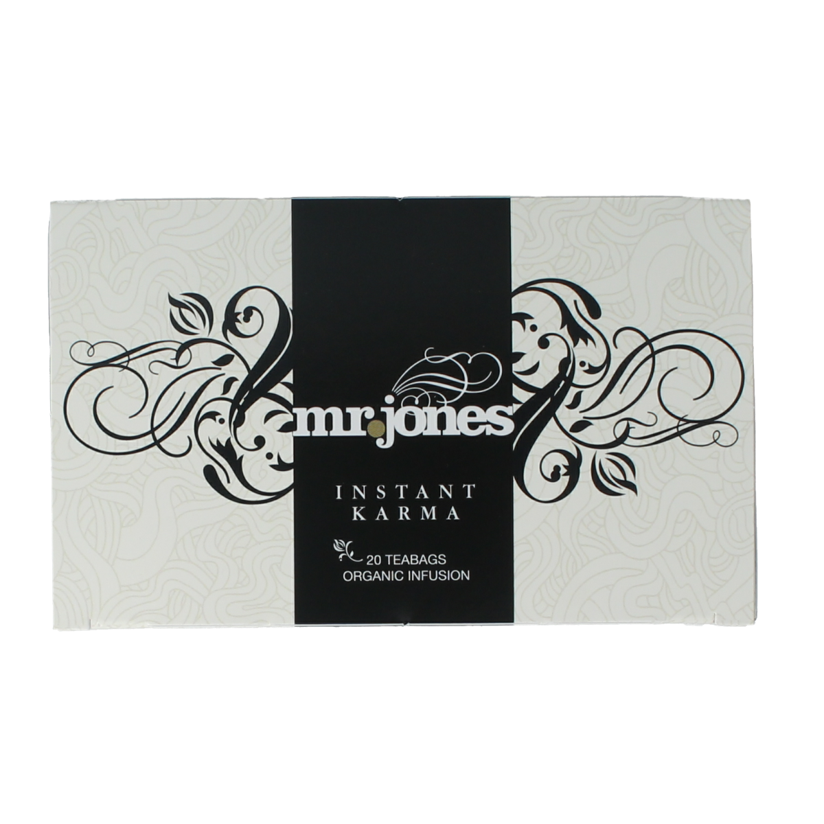 Mr. Jones Instant Karma Chai kruiden bio tea in a 20-gram pack, showing the herbal chai tea blend and packaging.
