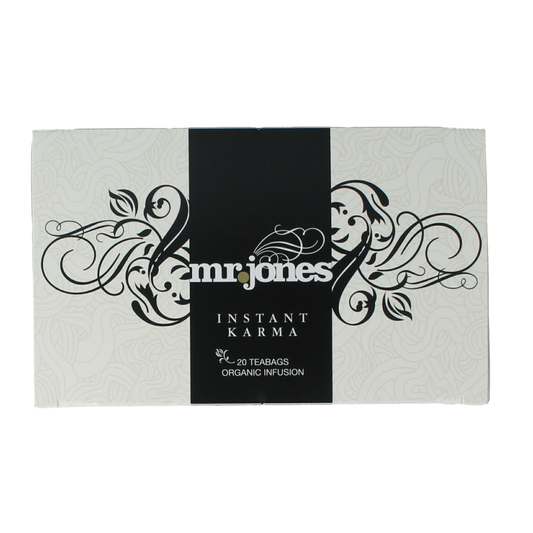 Mr. Jones Instant Karma Chai kruiden bio tea in a 20-gram pack, showing the herbal chai tea blend and packaging.