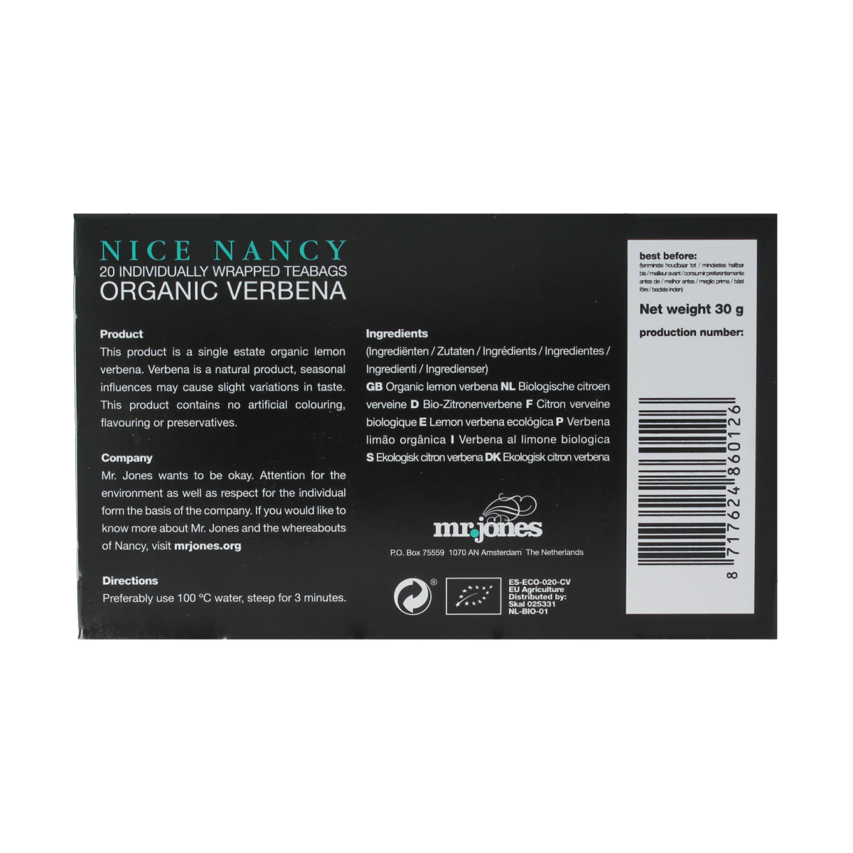 Mr. Jones Nice Nancy organic verveine tea in 20 tea bags, featuring fresh, herbal verveine leaves in a colorful package.