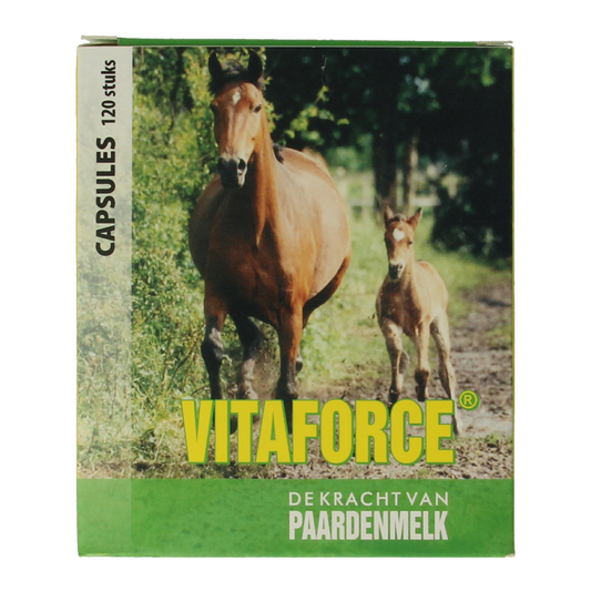 Vitaforce Paardenmelk capsules, 120-count supplement in a white container with a label showing product details and branding.