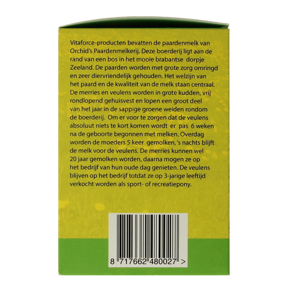 Bottle of Vitaforce Paardenmelk capsules, 120 capsules, with label showing product details and branding.