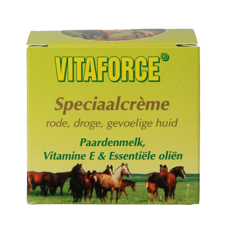 Vitaforce paardenmelk speciaalcreme in 50ml container, lichaamsverzorgingsproduct with soothing horse milk formula.