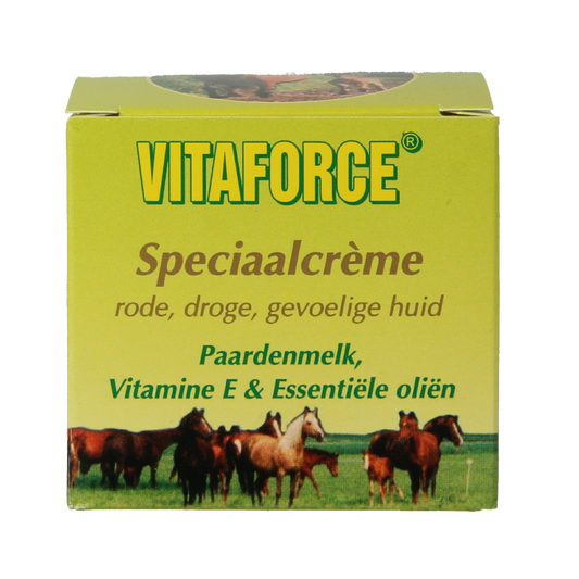 Vitaforce paardenmelk speciaalcreme in 50ml container, lichaamsverzorgingsproduct with soothing horse milk formula.