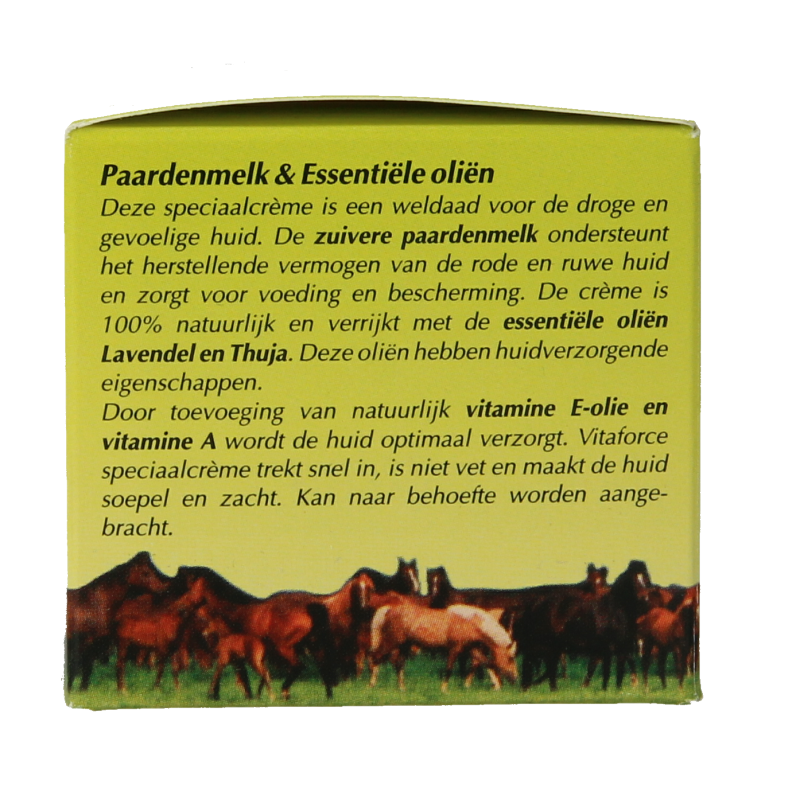 Vitaforce paardenmelk speciaalcreme in 50ml tube, body care product with white and blue packaging and applicator cap