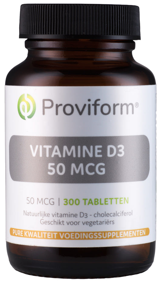 Proviform Vitamin D3 50mcg (2000IU) tablets, showing a bottle of dietary supplements with label and tablets inside.
