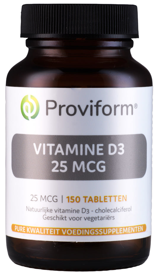 Proviform Vitamin D3 25mcg (1000IU) supplement in a bottle of 150 tablets, showing the vitamin D3 tablets and packaging.