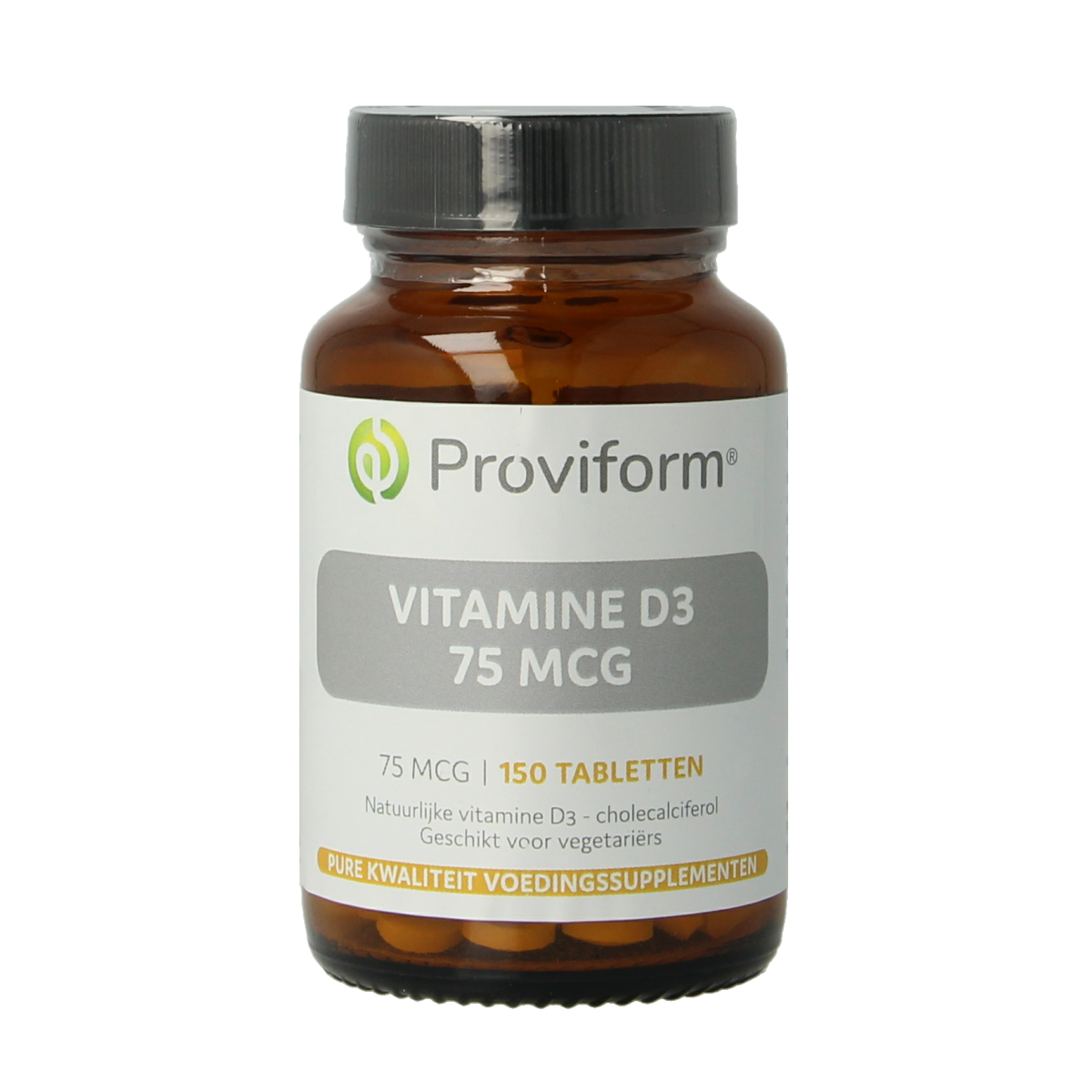 Proviform Vitamin D3 75mcg tablets, natural supplement for bone health, shown in a bottle with tablets inside.