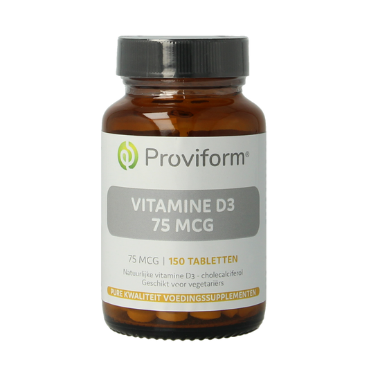 Proviform Vitamin D3 75mcg tablets, natural supplement for bone health, shown in a bottle with tablets inside.