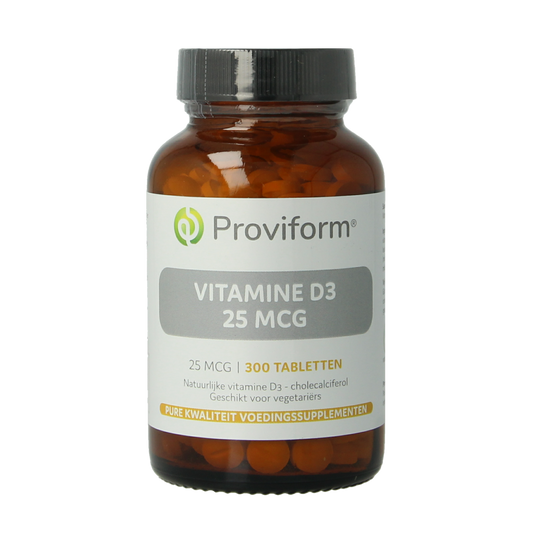 Proviform Vitamine D3 25 mcg (1000 IE) supplement in a bottle with 300 tablets, natural health product for vitamin D support.