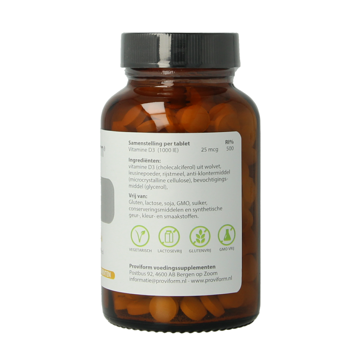 Proviform Vitamine D3 25 mcg (1000 IE) supplement in a bottle of 300 tablets, showing the vitamin D3 tablets and packaging.