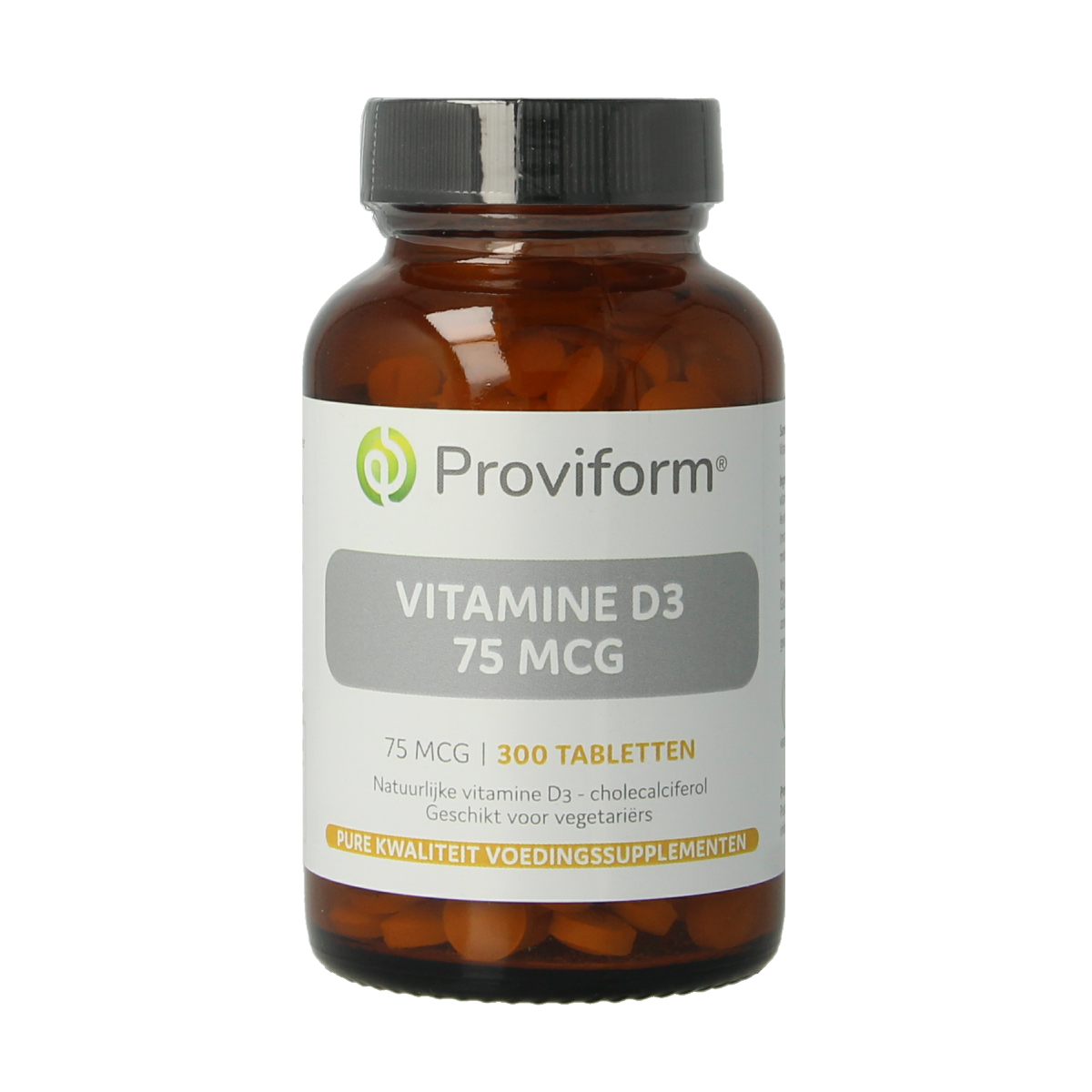 Proviform Vitamine D3 75mcg herbal supplement in a clear plastic bottle with tablets, labeled with product details.
