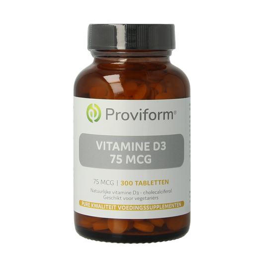Proviform Vitamine D3 75mcg herbal supplement in a clear plastic bottle with tablets, labeled with product details.