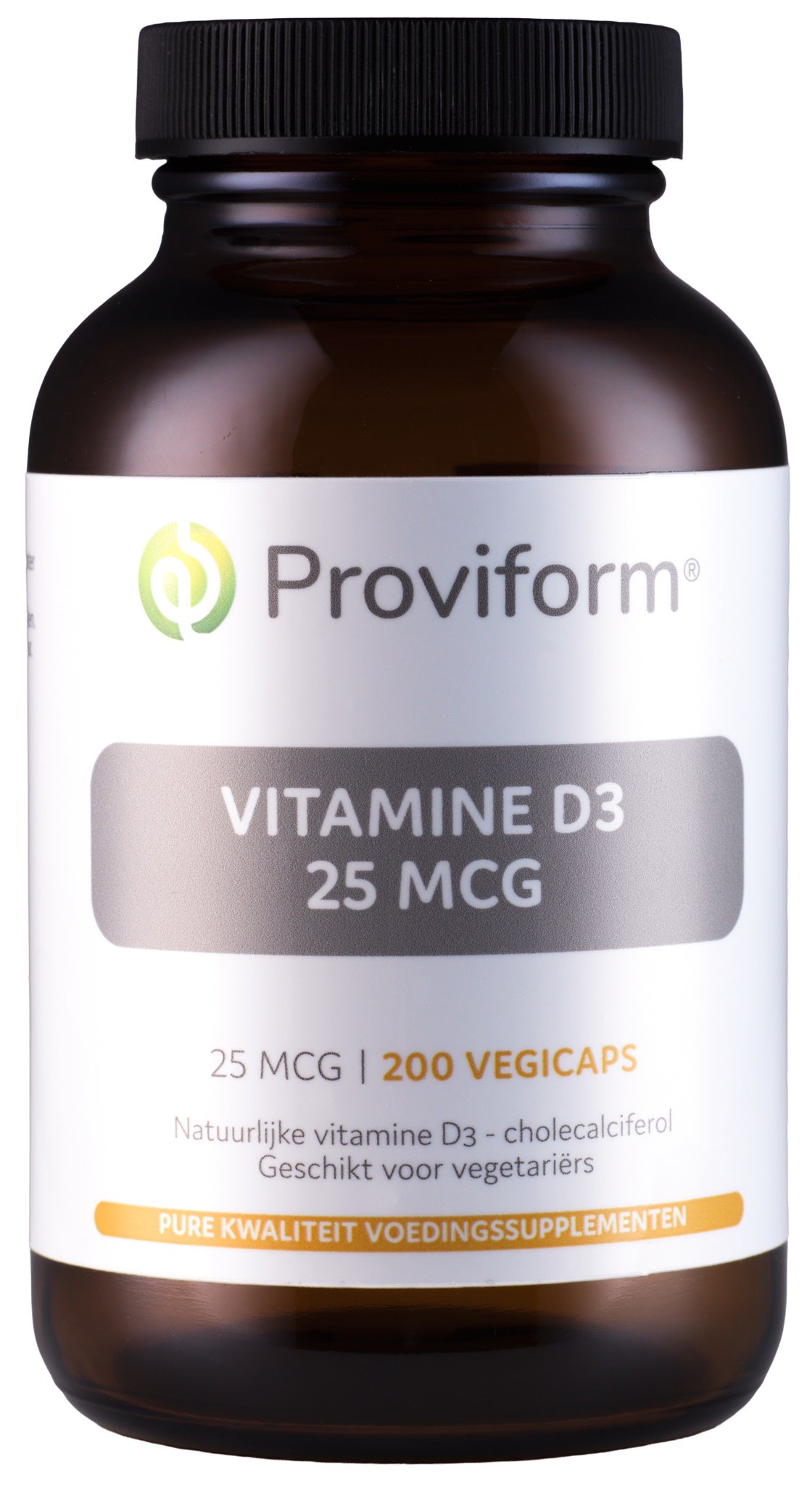 Proviform Vitamine D3 25mcg vegetarian capsules, dietary supplement, close-up of bottle and capsules.