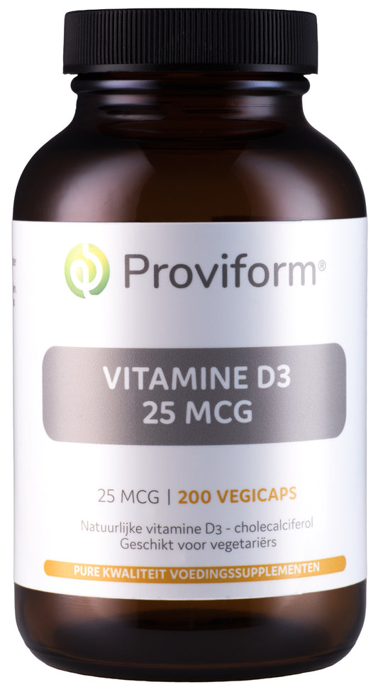 Proviform Vitamine D3 25mcg vegetarian capsules, dietary supplement, close-up of bottle and capsules.