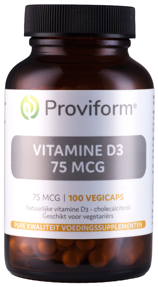 Proviform Vitamine D3 75mcg vegetarian capsules, dietary supplement for immune support, shown in clear pill bottle with capsules.