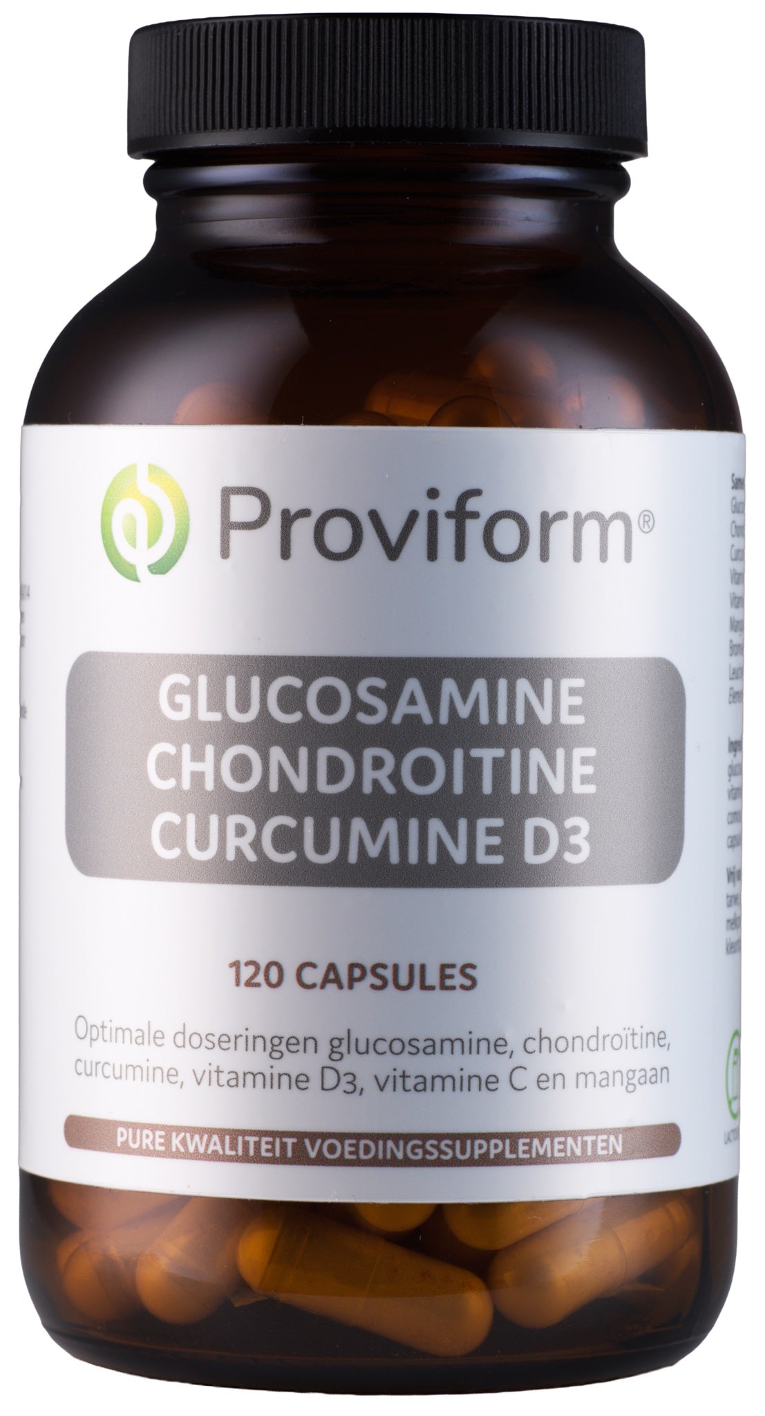 Proviform Glucosamine, chondroitin, turmeric, and vitamin D3 capsules for joint health in a bottle of 120 capsules.