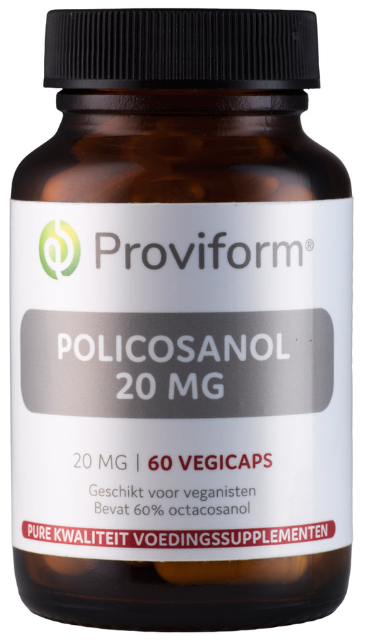 Proviform Policosanol 20 mg vegetarian capsules, herbal supplement in a clear bottle with white cap.