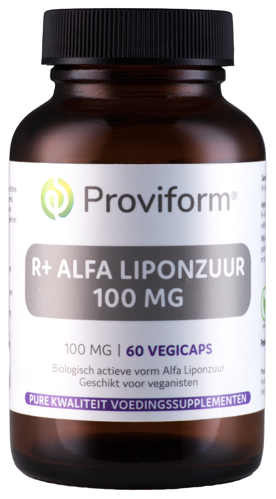 Proviform R+ Alfa liponzuur 100 mg vegetarian capsules, dietary supplement with amino acids in a clear bottle.