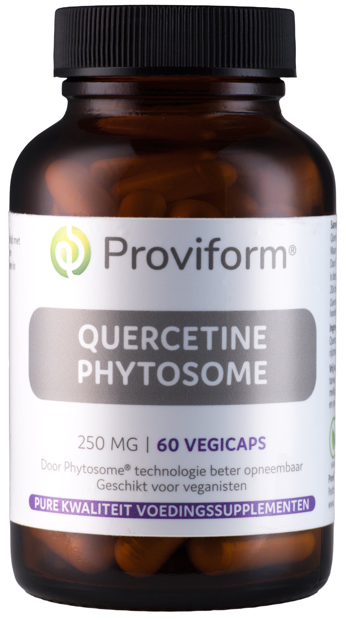 Proviform Quercetine phytosome 250mg vegetarian capsules, herbal supplement in a white bottle with capsule contents visible.