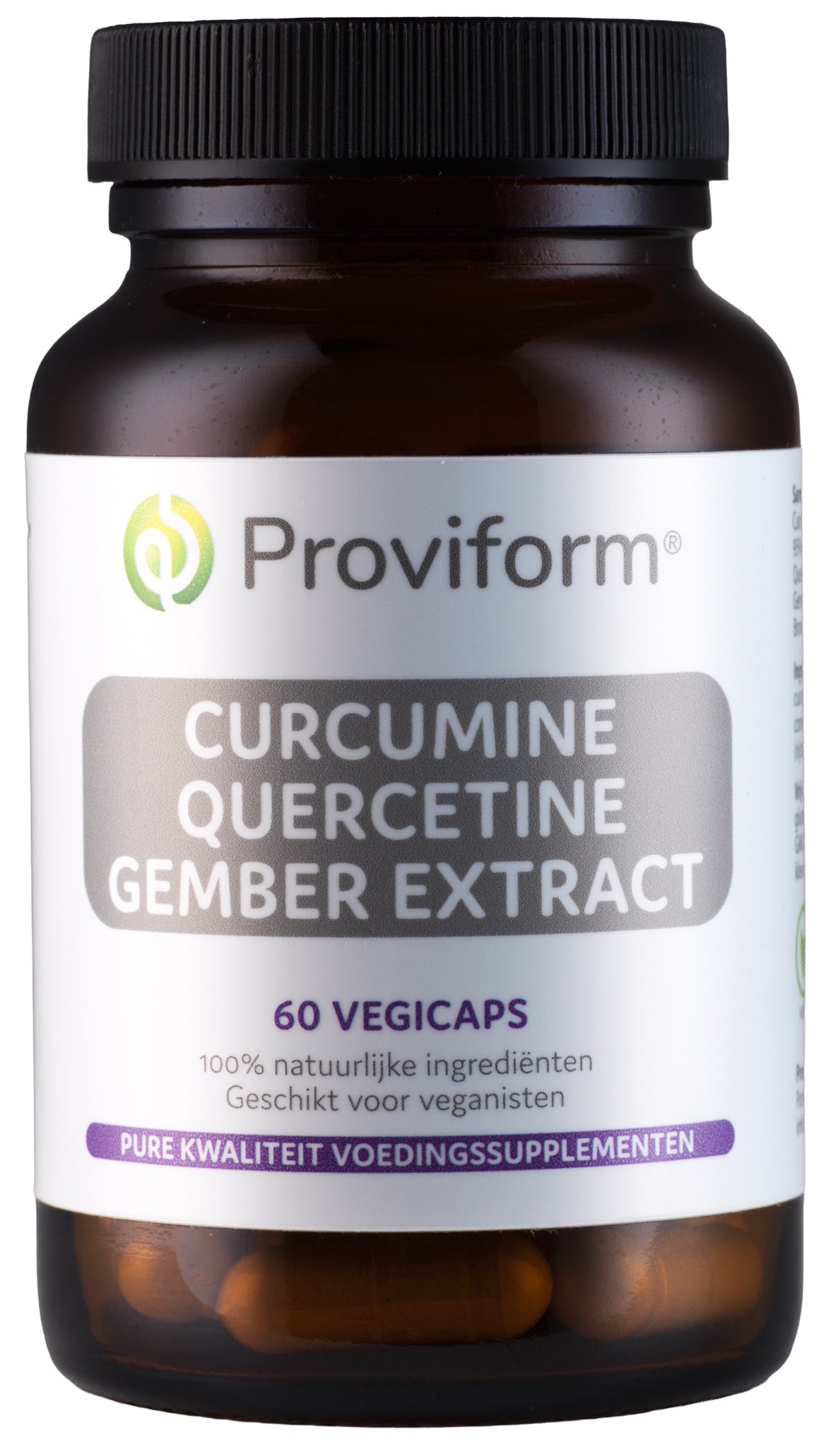Proviform Curcumine, quercetine, gember extract in vegetarian capsules, herbal supplement for wellness and immune support.