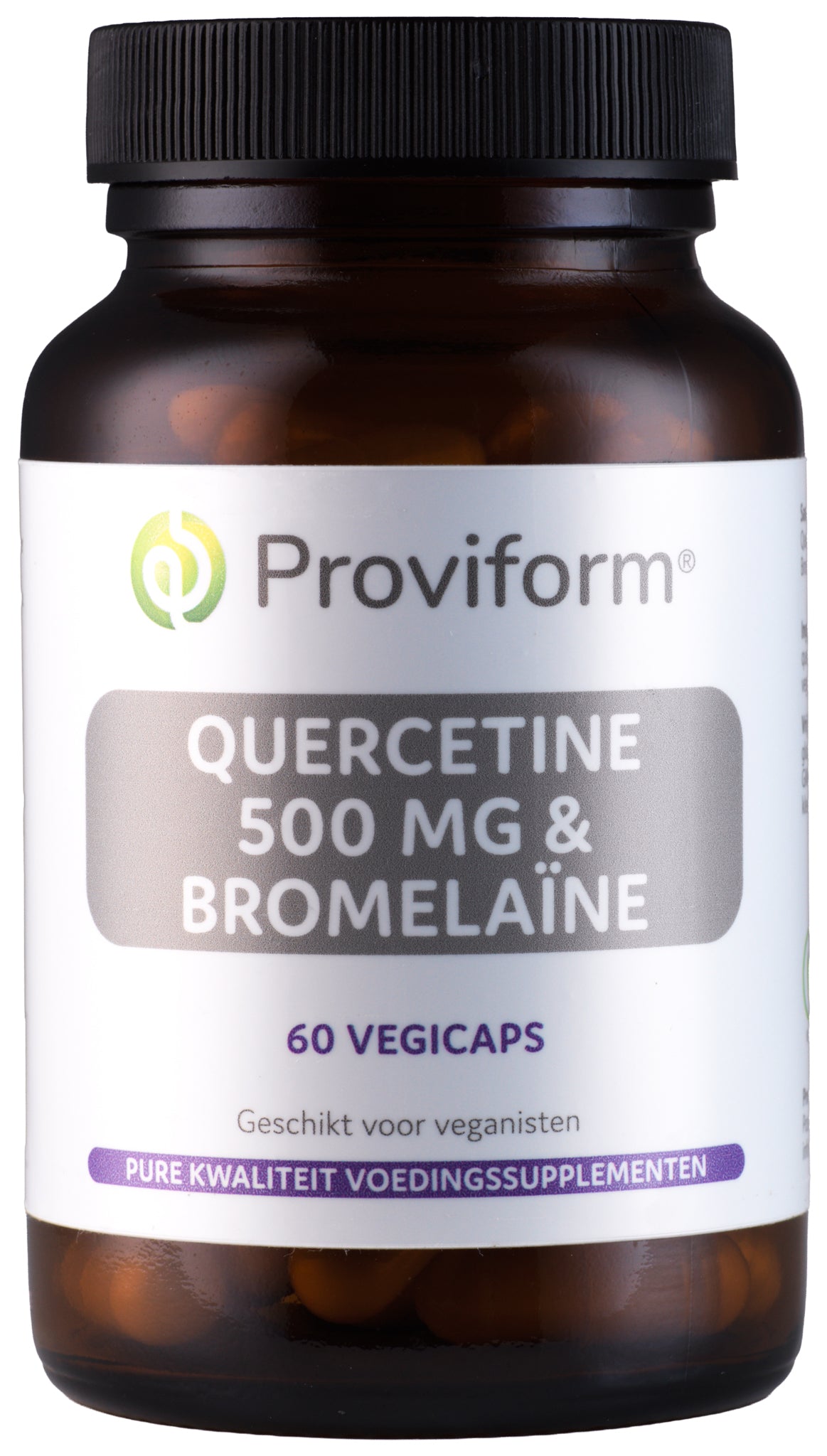 Proviform Quercetine 500mg and bromelain vegetarian capsules, showing the herbal supplement bottle with green and white label.