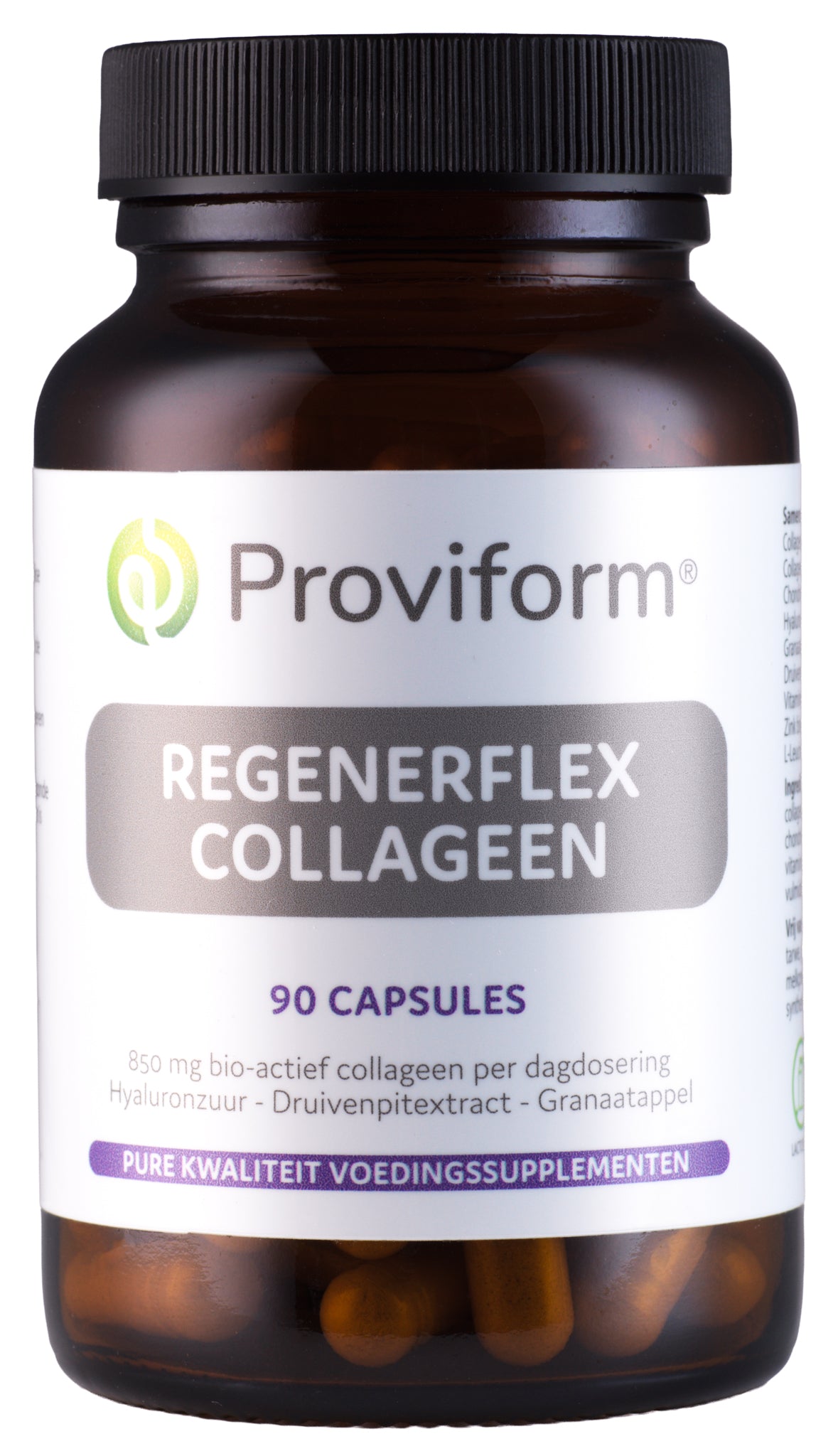 Proviform Regenerflex Collagen Compleet 90 capsules, showing the supplement bottle with label and capsules inside.
