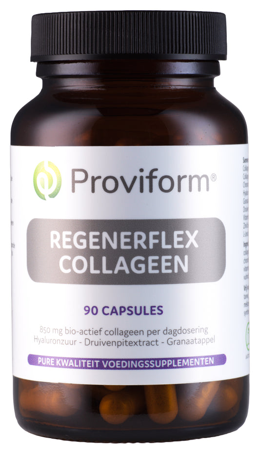 Proviform Regenerflex Collagen Compleet 90 capsules, showing the supplement bottle with label and capsules inside.