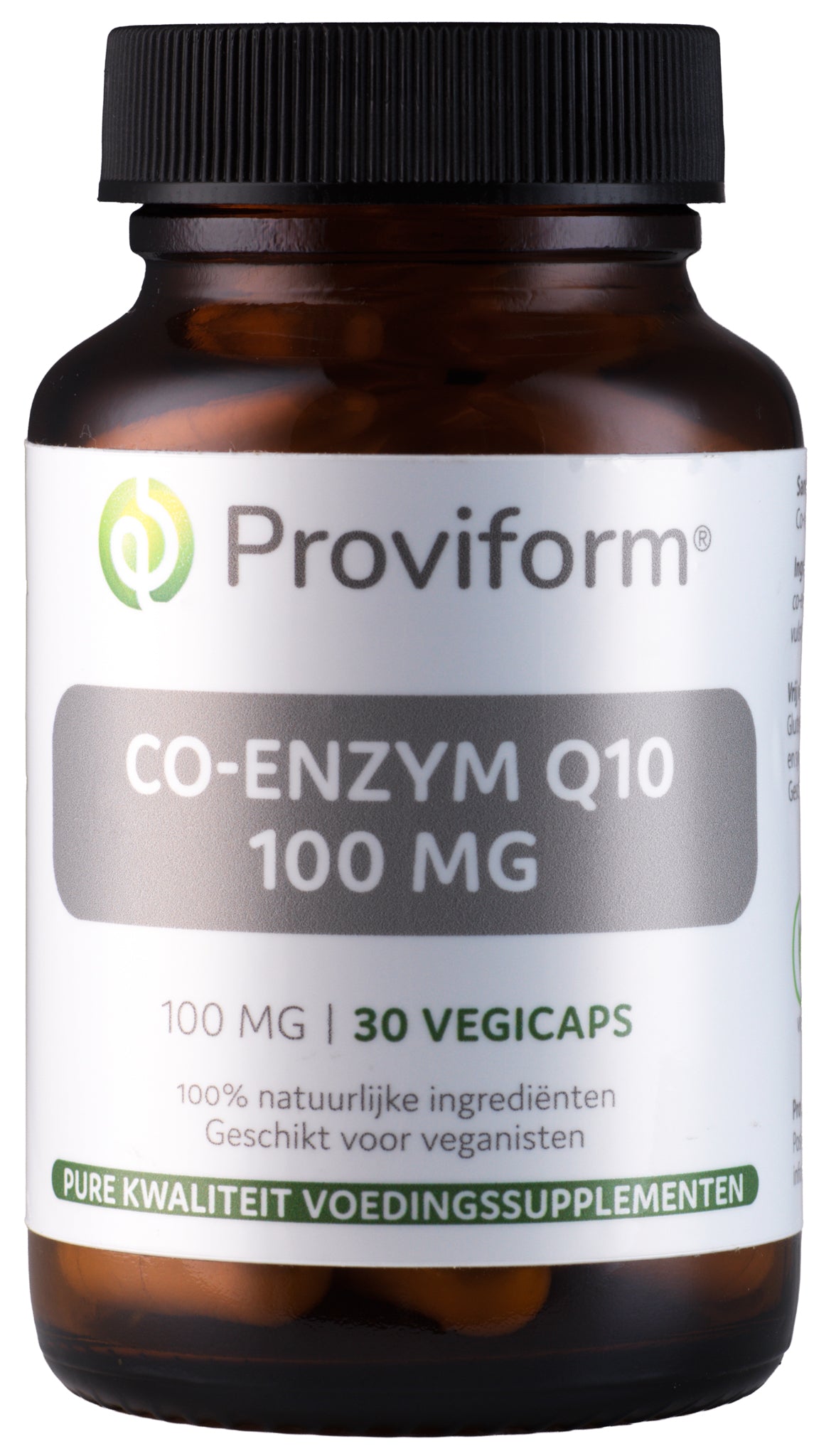 Proviform Co-enzyme Q10 100mg vegetarian capsules, 30-count, close-up of the supplement bottle and capsules.