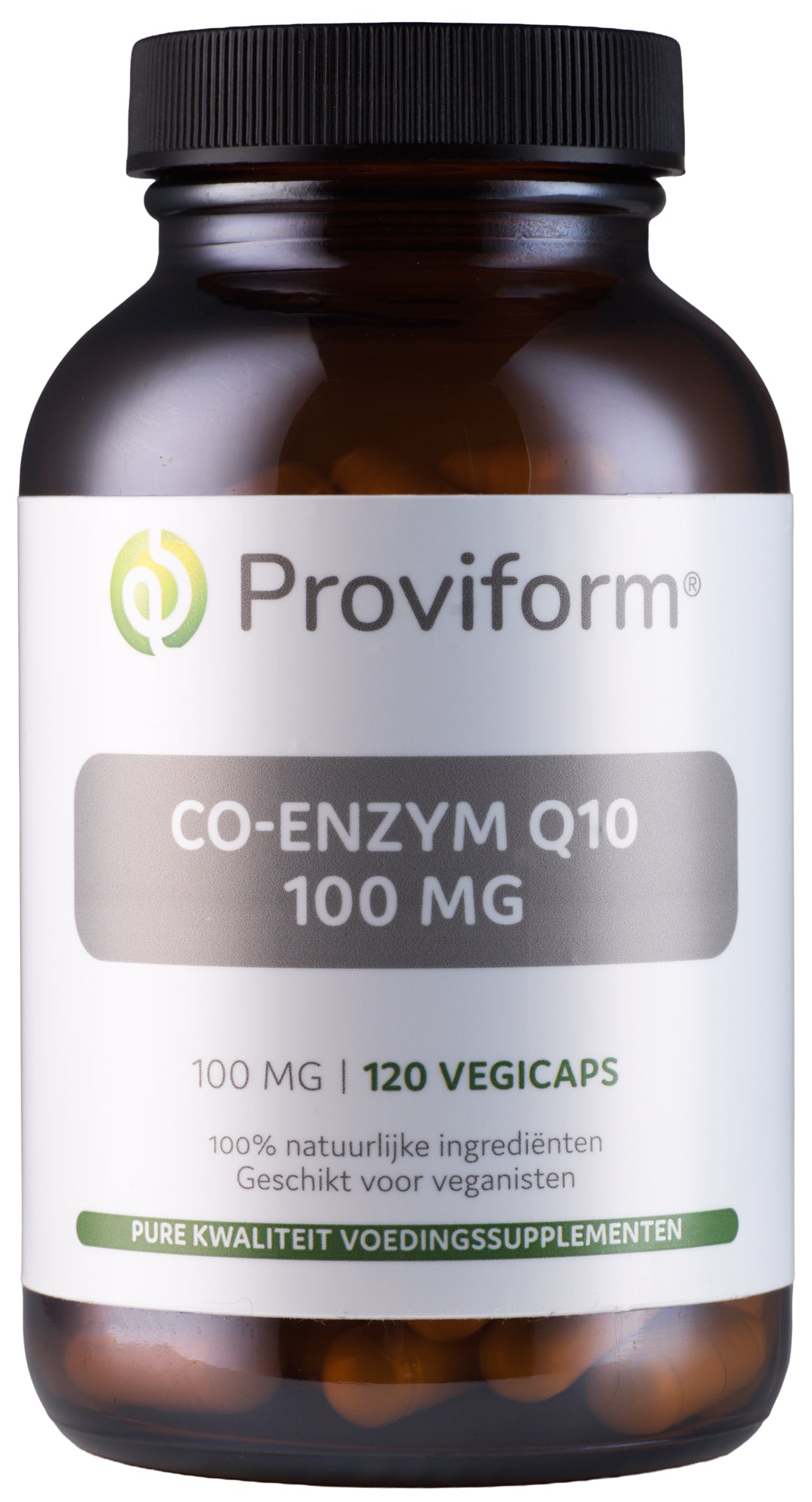 Proviform Coenzym Q10 100mg vegetarian capsules, dietary supplement for energy and heart health, shown in bottle with capsules.