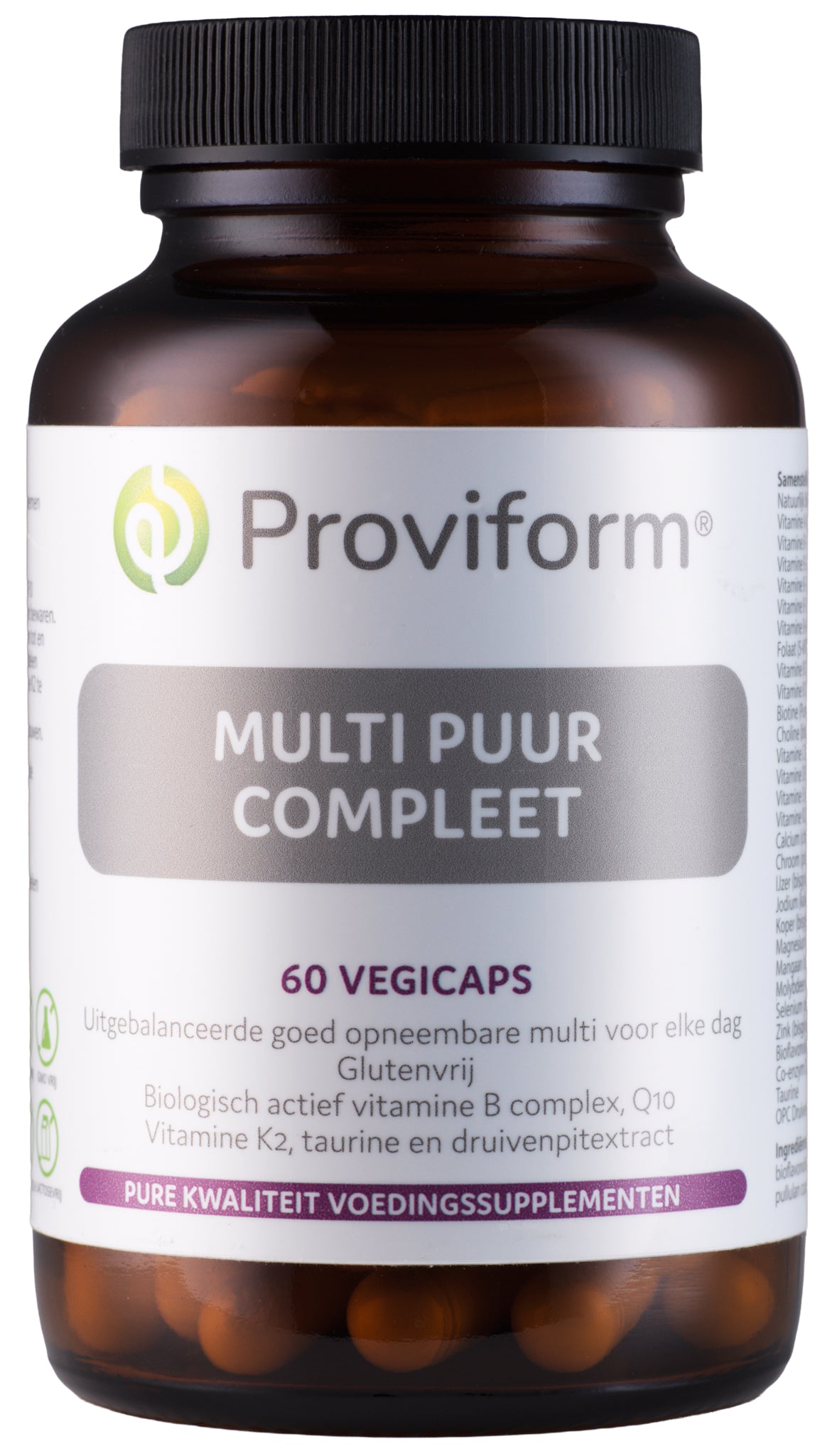 Proviform Multi Puur Compleet vegetarian capsules, vitamin multivitamin supplement in a bottle, close-up of the product packaging.