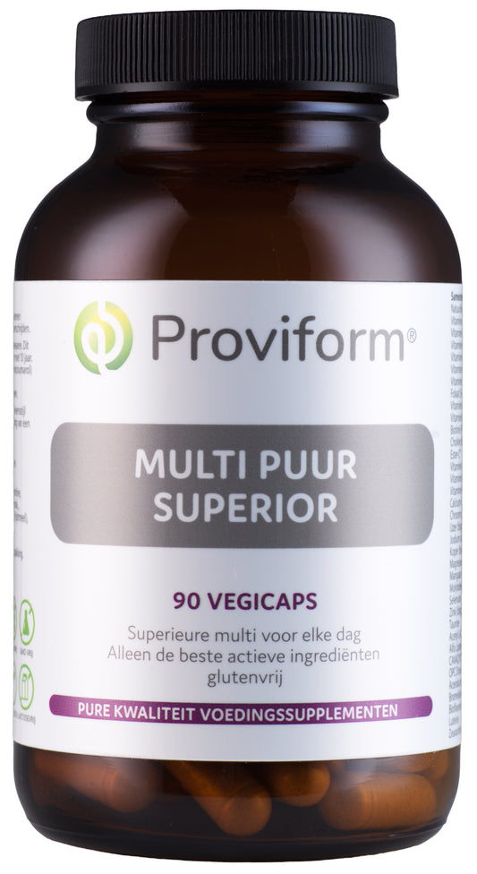 Proviform Multi Puur Superior vegetarian vitamin capsules in a blister pack, designed for balanced daily nutrition.