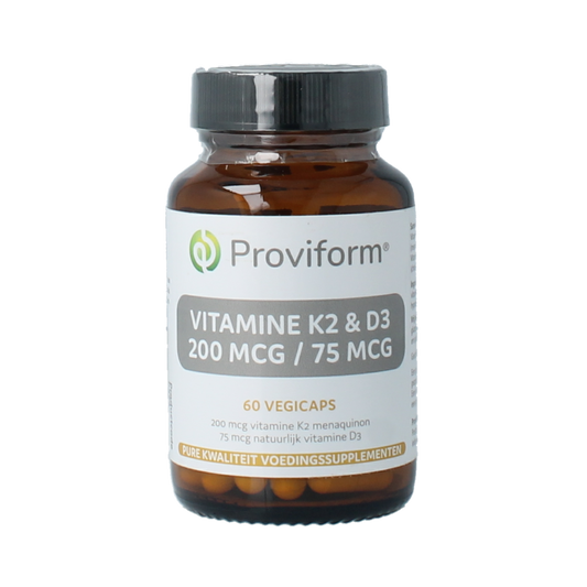Proviform Vitamin K2 200mcg and D3 75mcg vegetarian capsules, showing the supplement bottle and capsules inside.