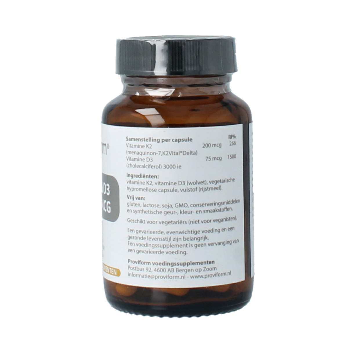 Proviform Vitamine K2 200mcg and D3 75mcg vegetarian capsules, dietary supplement for bone and heart health.