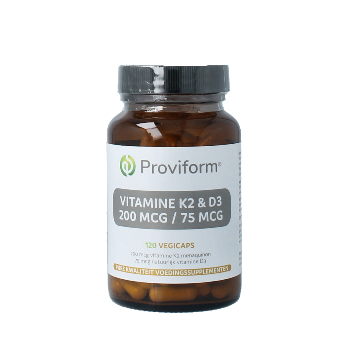 Proviform Vitamine K2 200mcg and D3 75mcg vegetarian capsules, dietary supplement, bottle with capsules and label.