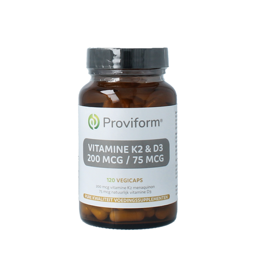 Proviform Vitamine K2 200mcg and D3 75mcg vegetarian capsules, dietary supplement, bottle with capsules and label.