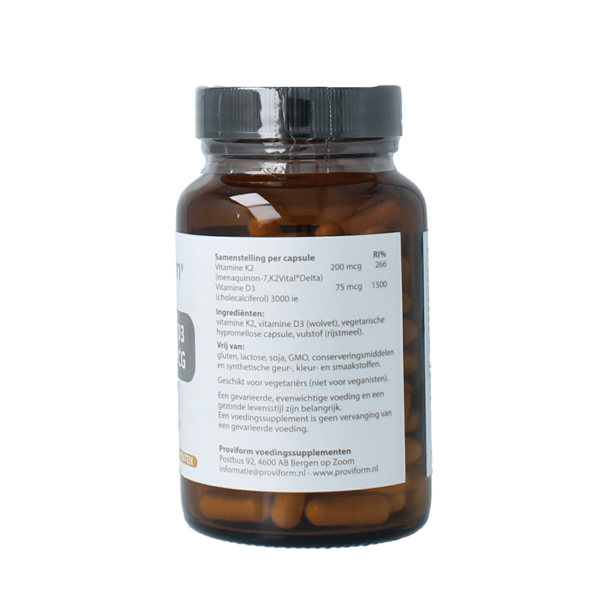 Proviform vitamin K2 200mcg and D3 75mcg vegetarian capsules, dietary supplement for bone and cardiovascular health.