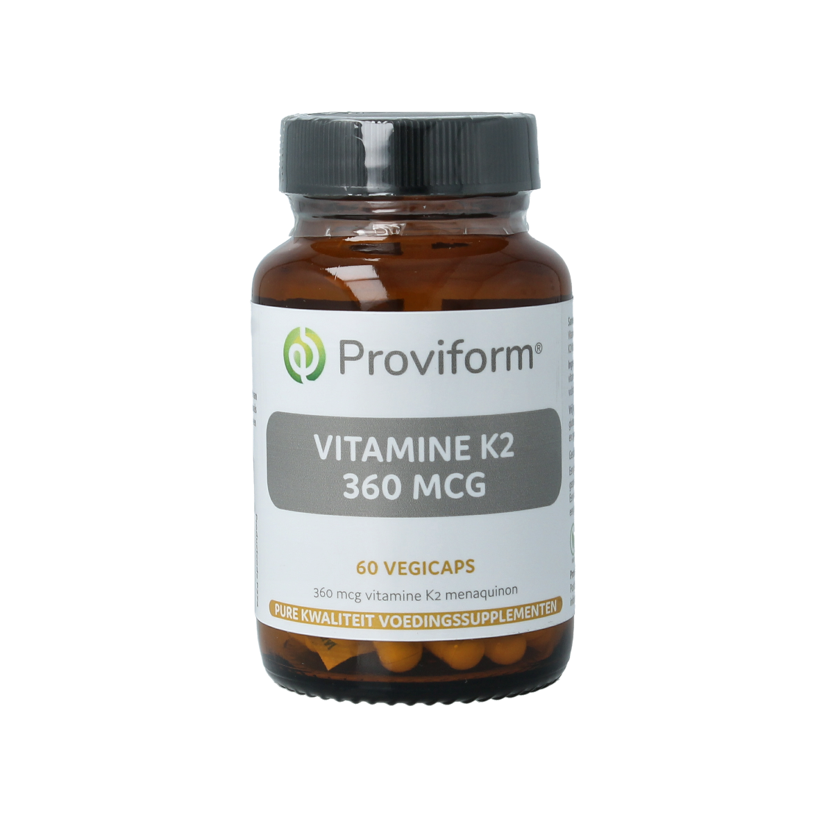 Proviform Vitamine K2 360mcg vegetarian capsules, close-up of the supplement bottle with capsules inside.